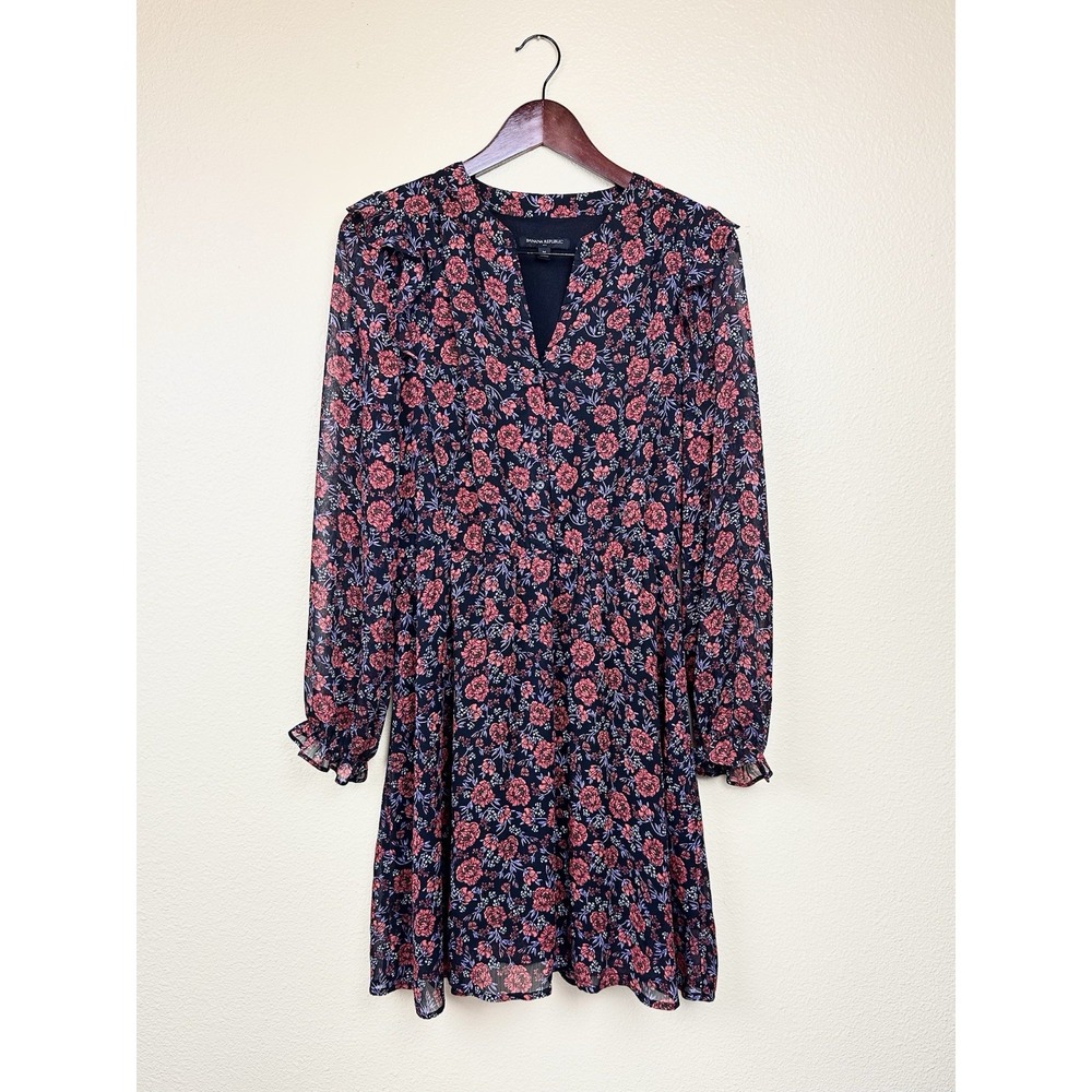 Banana Republic Womens M Midi Dress Vneck Long Sleeve Coquette Red Floral Work